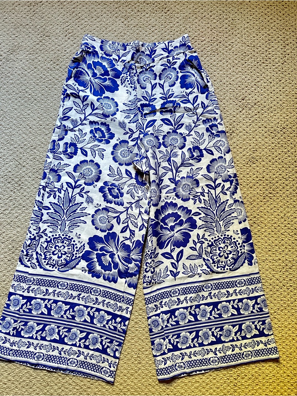 NWT Rachel Zoe Linen Blend Palazzo Pants Blue White Floral Coastal Boho Sz S - Picture 2 of 15
